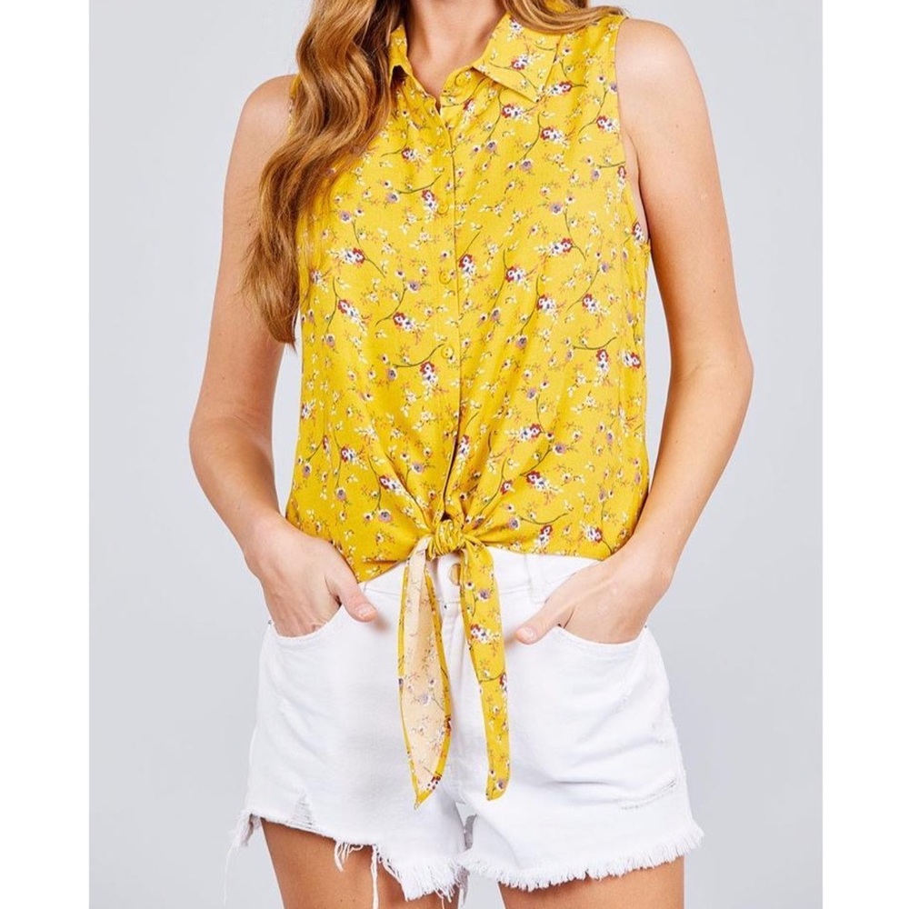 Sleeveless button down front tie shirt